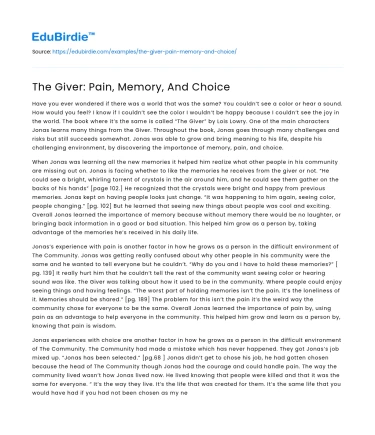 The Giver: Pain, Memory, And Choice