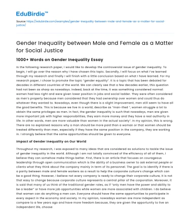 Gender Inequality Essay 1000 Words