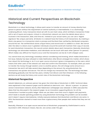 Historical and Current Perspectives on Blockchain Technology