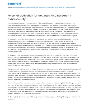 Personal Motivation for Getting a Ph.D Research in Cybersecurity