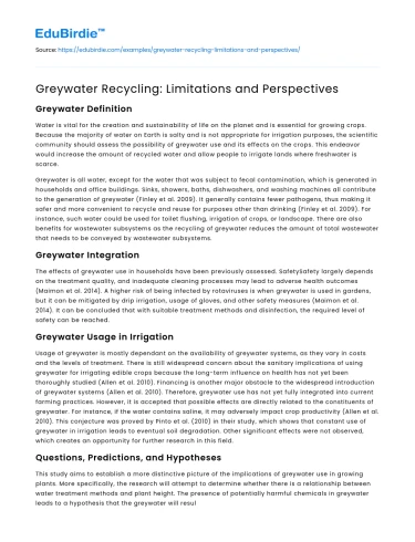 Greywater Recycling: Limitations and Perspectives