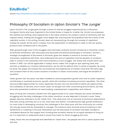 Philosophy Of Socialism In Upton Sinclair’s ‘The Jungle’