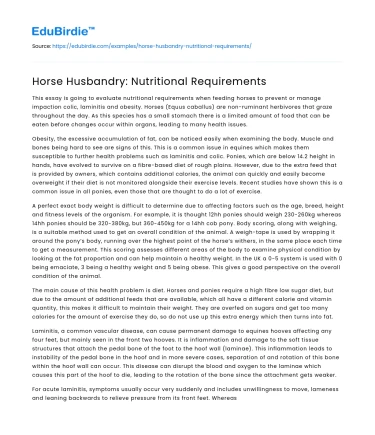 Horse Husbandry: Nutritional Requirements