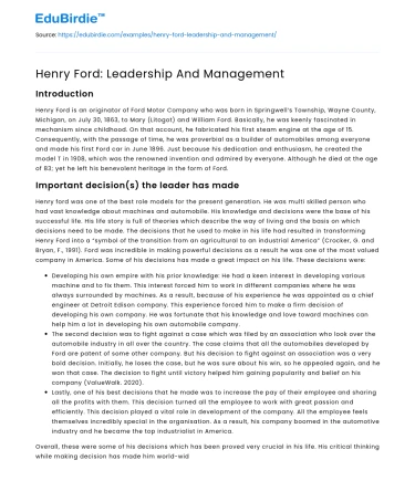 Henry Ford: Leadership And Management