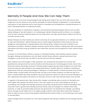 Mentally Ill People and How We Can Help Them