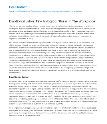 Emotional Labor: Psychological Stress In The Workplace