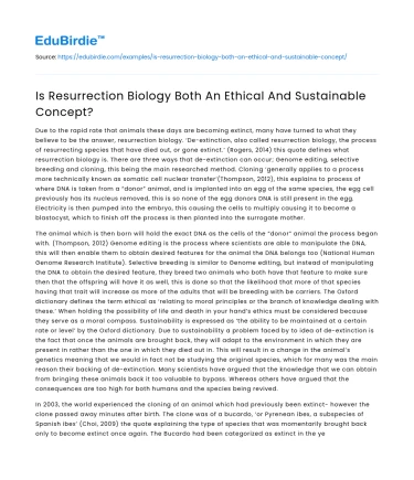 Resurrection Biology: Ethical and Sustainability Dimensions