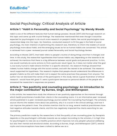 Social Psychology: Critical Analysis of Article
