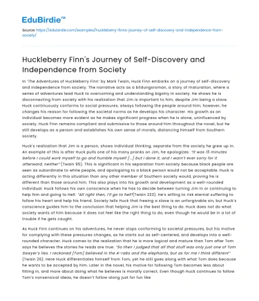 Huckleberry Finn’s Journey of Self-Discovery and Independence from Society