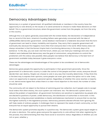 Democracy Advantages Essay