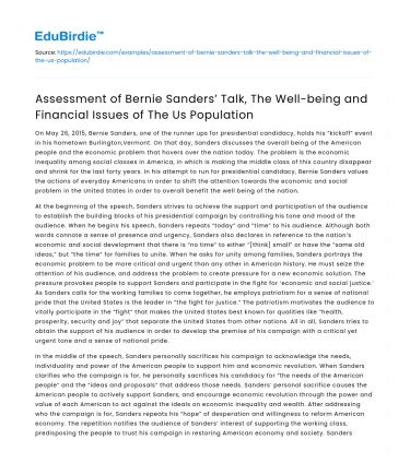 Bernie Sanders’ Talk on US Well-being and Financial Issues