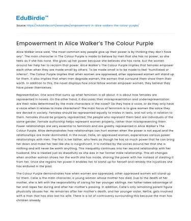 Empowerment In Alice Walker’s The Colour Purple