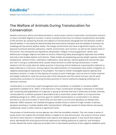 The Welfare of Animals During Translocation for Conservation
