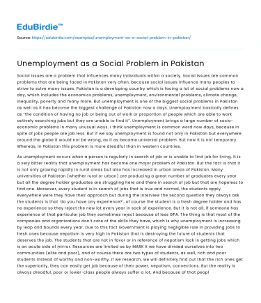 Unemployment as a Social Problem in Pakistan