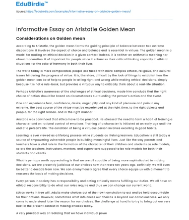 Informative Essay on Aristotle Golden Mean