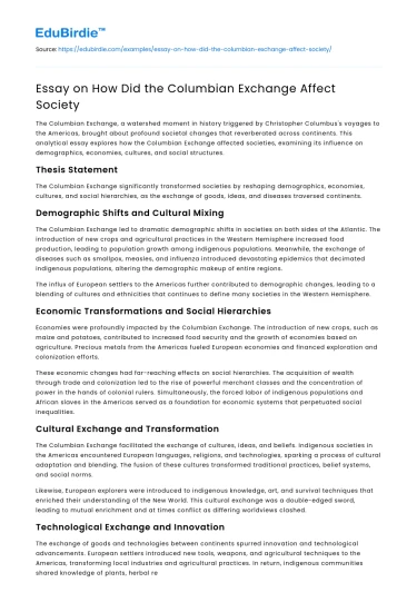 Essay on How Did the Columbian Exchange Affect Society