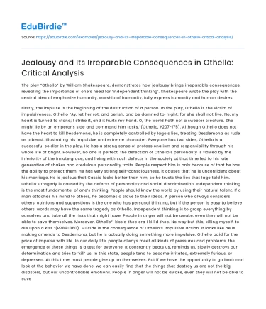 Jealousy and Its Irreparable Consequences in Othello: Critical Analysis