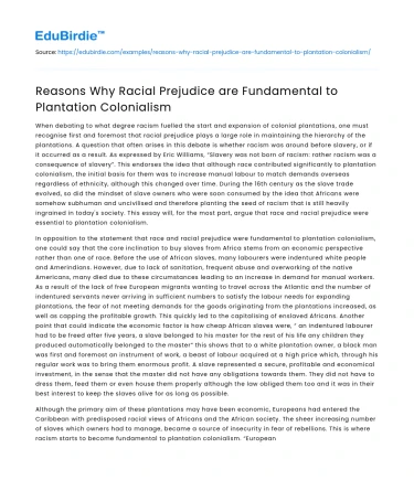 Reasons Why Racial Prejudice are Fundamental to Plantation Colonialism