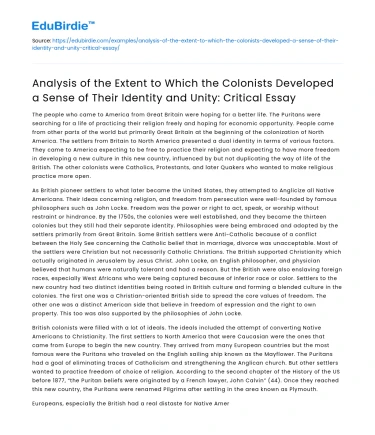 Colonists’ Identity and Unity: Critical Analysis