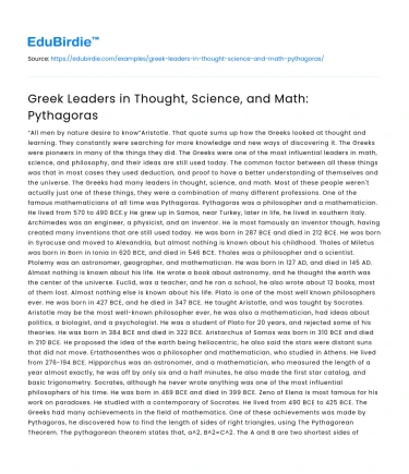 Greek Leaders in Thought, Science, and Math: Pythagoras