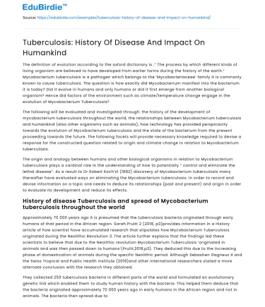 Tuberculosis: History Of Disease And Impact On Humankind