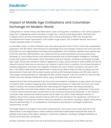 Impact of Middle Age Civilizations and Columbian Exchange on Modern World