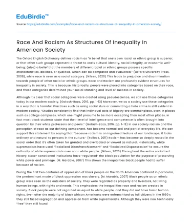 Race And Racism As Structures Of Inequality In American Society