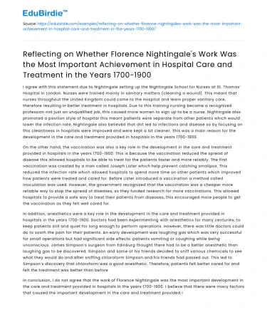 Florence Nightingale’s Impact on Hospital Care in 1700-1900