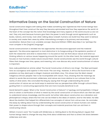 Informative Essay on the Social Construction of Nature
