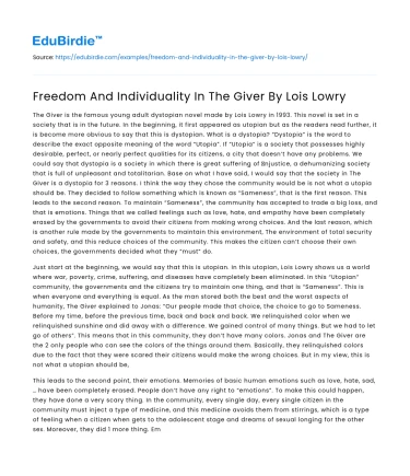 Freedom And Individuality In The Giver By Lois Lowry