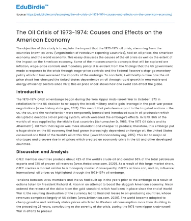 The Oil Crisis of 1973-1974: Causes and Effects on the American Economy