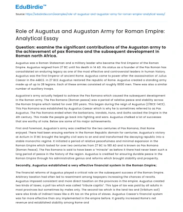 Role of Augustus and Augustan Army for Roman Empire: Analytical Essay