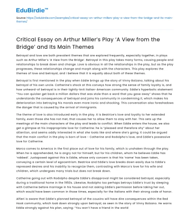 Analysis of Arthur Miller’s ‘A View from the Bridge’ and Themes