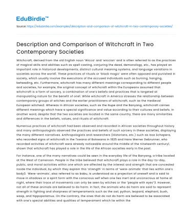 Description and Comparison of Witchcraft in Two Contemporary Societies