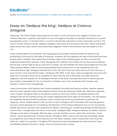Essay on ‘Oedipus the King’: Oedipus at Colonus Antigone