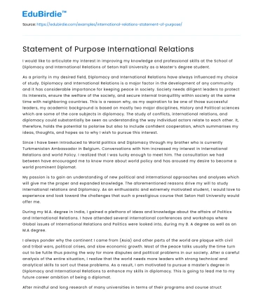Statement of Purpose International Relations