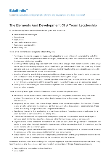 The Elements And Development Of A Team Leadership