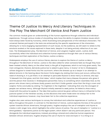 Justice Vs Mercy in The Merchant of Venice & Poem Justice