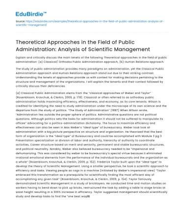 Theoretical Approaches in Public Admin: Scientific Management Analysis