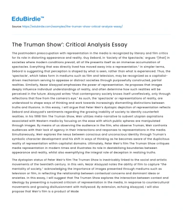 The Truman Show’: Critical Analysis Essay