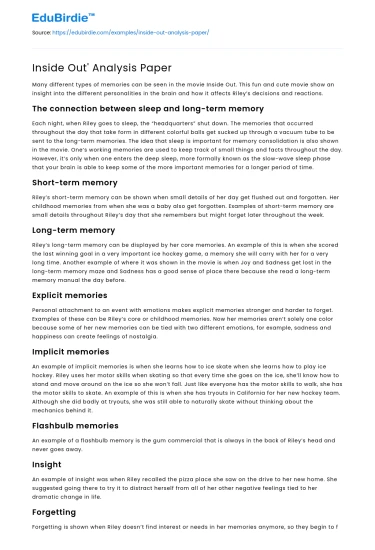 Inside Out’ Analysis Paper