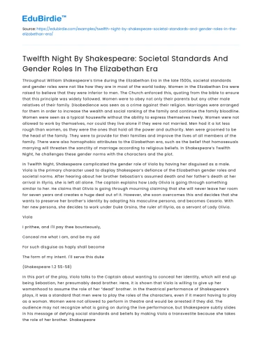 Twelfth Night: Gender Roles in Elizabethan Society