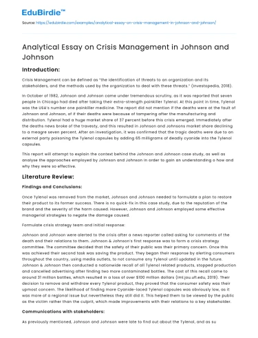 Analytical Essay on Crisis Management in Johnson and Johnson