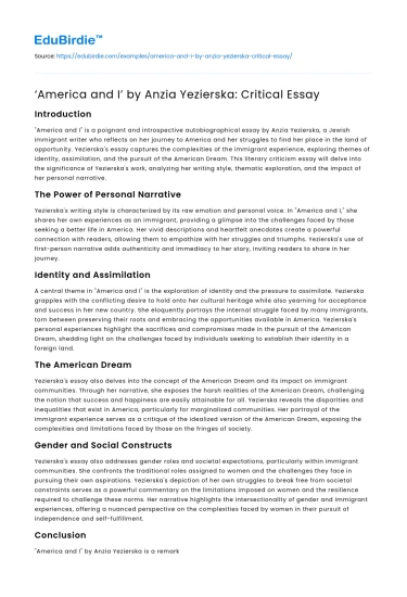 ‘America and I’ by Anzia Yezierska: Critical Essay