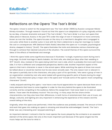 Reflections on the Opera ‘The Tsar’s Bride’