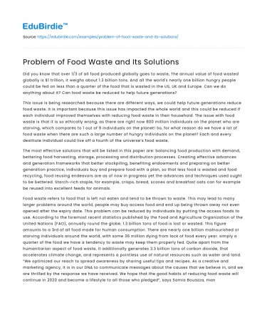 Problem of Food Waste and Its Solutions