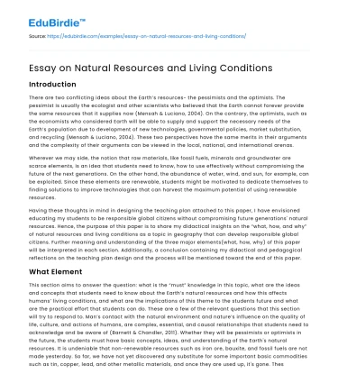 Essay on Natural Resources and Living Conditions