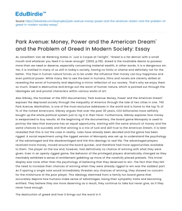 Park Avenue: Money, Power, and Greed in Modern Society