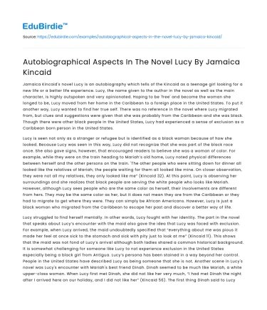Autobiographical Aspects In The Novel Lucy By Jamaica Kincaid