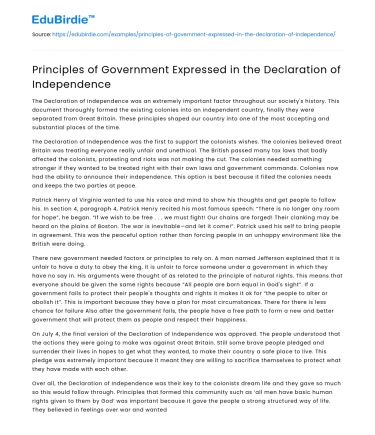 Principles of Government Expressed in the Declaration of Independence